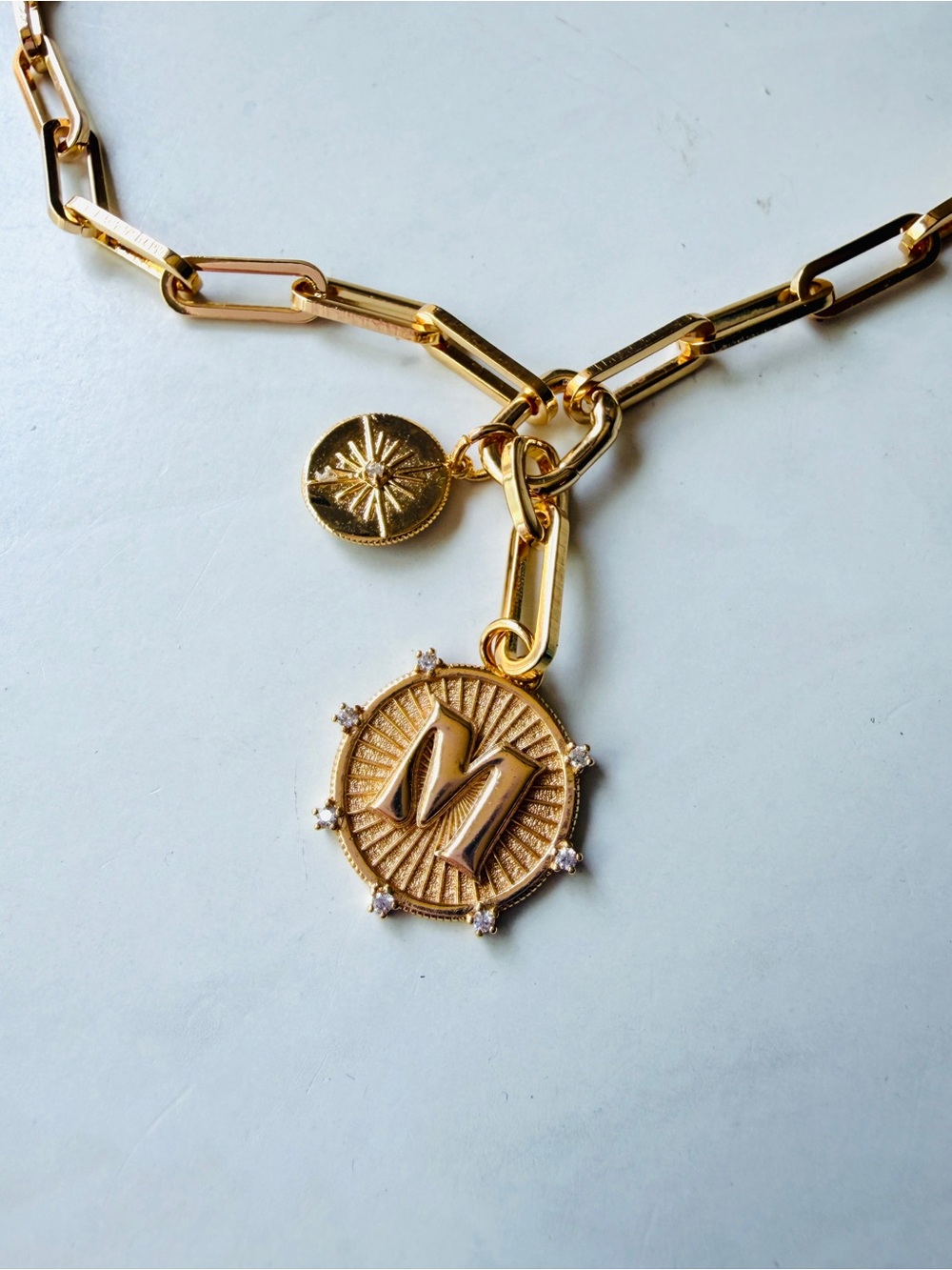 NWT Anthropologie Monogram Coin Pendant Chain Necklace Gold Letter M - Picture 2 of 6